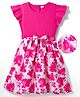 Mark & Mia Knitted Half Sleeves Floral Printed Frock With Bow Detailing - Dark Pink