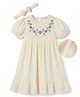 Mark & Mia Cotton Woven Half Puffed Sleeves Floral Embroidered Tiered Frock With Headband - Cream
