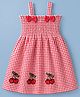 Mark & Mia Cotton Woven Sleeveless Checks Frock with Smocking Detailing & Cherry Embroidery - Red