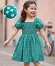 Mark & Mia Cotton Woven Half Sleeves Smocked Frock with Floral Print - Green