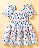 Mark & Mia Cotton Woven Half Sleeves Frock With Floral Print Frill & Smocking Detailing- White
