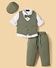 Robo Fry Cotton Woven Full Sleeves Solid 3 Piece Party Suit With Bow & Cap - Green