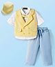 Robo Fry Cotton Woven Full Sleeves Solid Color 3 Piece Party Suit with Bow & Cap - Yellow
