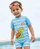 Babyhug Water Repellent Half Raglan Sleeves Legged Swimsuit With Turtle & Fish Print - Light Blue