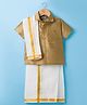 Dapper Dudes Half Sleeves Solid Shirt With Mundu & Angavastram Set - Khaki