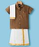 Dapper Dudes Half Sleeves Solid Shirt With Mundu & Angavastram Set - Brown