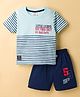 Mini Donuts Single Jersey Knit Half Sleeves Striped T-Shirt & Shorts Set with Text Print - Navy Blue