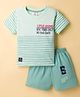 Mini Donuts Single Jersey Knit Half Sleeves Striped T-Shirt & Shorts Set with Text Print - Sea Green