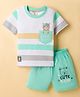 Mini Donuts Single Jersey Knit Half Sleeves T-Shirt & Shorts Set With Teddy Bear Print - Mint