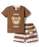 Mini Donuts Single Jersey Knit Half Sleeves Bear Embroidered &   T-Shirt & Shorts With Stripes Set - Brown