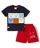 Mini Donuts Single Jersey Knit Half Sleeves Bear Patch T-Shirt & Shorts Set - Red & Navy Blue