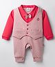 Mini Taurus Interlock Woven Full Sleeves Striped Party Romper With Bow Applique & Attached Waistcoat - Red