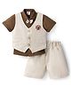 Mini Taurus Sinker Knit Half Sleeves 3 Piece Party Suit With Bow Applique & Teddy Bear Embroidery - Beige