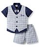 Mini Taurus Sinker Knit Half Sleeves Checks 3 Piece Party Suit With Bow Applique & Car Embroidery - Blue