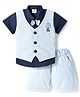 Mini Taurus Sinker Knit Half Sleeves Striped 3 Piece Party Suit With Bow Applique & Air Balloon Embroidery - Light Blue