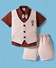 Mini Taurus Sinker Knit Half Sleeves Striped 3 Piece Party Suit With Bow Applique & Air Balloon Embroidery - Beige