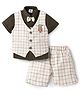 Mini Taurus Sinker Knit Half Sleeves Checks 3 Piece Party Suit With Bow Applique & Lion Embroidery - Green