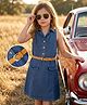 Hola Bonita 100% Cotton Woven  Sleeveless Solid Denim Dress With Halter Neck & Belt - Navy Blue