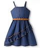Hola Bonita 100% Cotton Woven Sleeveless Solid Denim Dress With Belt - Navy Blue
