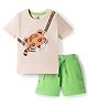 Doodle Poodle 100% Cotton Single Jersey Knit Half Sleeves T-Shirt & Shorts Set with Tiger Print - Cream & Green
