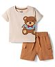Doodle Poodle 100% Cotton Single Jersey Knit Half Sleeves T-Shirt & Shorts Set with Bear Print & Patch Pocket - Cream & Brown
