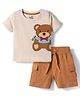 Doodle Poodle 100% Cotton Single Jersey Knit Half Sleeves T-Shirt & Shorts Set with Bear Print & Patch Pocket - Cream & Brown