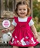 Babyoye 100% Cotton Knit Half Sleeves Bunny & Floral Printed Frock With Inner Tee With Eco Jiva Finish - White & Dark Pink