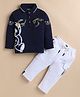 Olyoly Cotton Knit Full Sleeves Teddy Bear Printed Tee & Pant Set - Blue