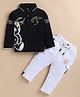 Olyoly Cotton Knit Full Sleeves Teddy Bear Printed Tee & Pant Set - Black