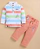 Olyoly Cotton Knit Full Sleeves Striped & Washed Tee & Pant Set - Orange