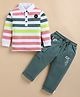 Olyoly Cotton Knit Full Sleeves Striped Tee & Pant Set - Green