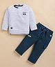 Olyoly Cotton Knit Full Sleeves Striped & Typography Printed Tee & Pants Set - Blue