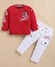 Olyoly Cotton Knit Full Sleeves Superior Text Embroidered Tee & Pants Set - Red