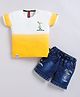 Olyoly Cotton Knit Half Sleeves Colour Blocked & Cartoon Printed Tee & Shorts Set - Mango