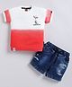 Olyoly Cotton Knit Half Sleeves Colour Blocked & Cartoon Printed Tee & Shorts Set - Red