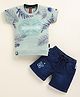 Olyoly Cotton Knit Half Sleeves Indigo Paradise Text Printed Tee & Shorts Set - Green