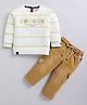 Olyoly Cotton Knit Full Sleeves Striped & Theory Text Printed Tee & Pant Set - Biscuit