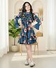 Cutiekins Woven Full Bell Sleeves  Floral Printed Frill Detailed Dress - Blue & Pink