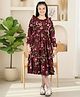 Cutiekins Woven Full Sleeves Floral Printed Frill Detailed Dress - Burgundy & Pink