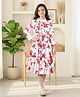 Cutiekins Woven Full Sleeves Floral Printed Frill & Bow Applique Detailed Dress - White & Red