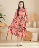 Cutiekins Woven Full Sleeves Floral Printed Frill & Bow Applique Detailed Dress - Coral Pink & Red