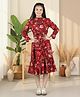 Cutiekins Woven Full Sleeves Floral Printed Frill & Bow Applique Detailed Dress - Maroon & Multi Colour