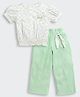 Tiny Girl Woven Half Puffed Sleeves Leaves Printed Bow & Floral Applique Detailed Top & Palazzo Set - Pista Green