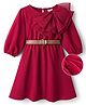 Hola Bonita Knit Three Fourth Sleeves Solid Textured Fabric Dress With Belt - Maroon