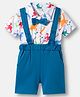 Babyhug Select Single Jersey Knit Half Sleeves Shirt & Shorts Set with Attached Suspenders Animal Print & Bow Applique - White & Blue