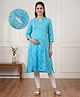 Bella Mama Woven Three Fourth Sleeves Highlighted Yoke Maternity Kurta with Floral Print - Aqua Blue