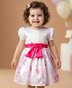 Babyoye Satin Woven Half Sleeves Party Dress With Floral Print & Bow Applique - White