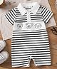 Mark & Mia Cotton Knit Half Sleeves Striped Romper with Bear Print - White & Black