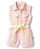 Dew Drops Cotton Woven Half Sleeves Checked Jumpsuit With Belt - Yellow