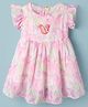 Dew Drops Cotton Woven Frill Sleeves Floral Printed Frock with Applique - Pink